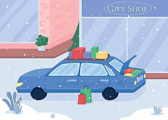 EPS 해외이미지 일러스트 자동차 선물 사람없음 선물상자 상점 눈내림 해외일러스트 육상교통 눈_날씨 상자 파일형식 벡터 이미지허브