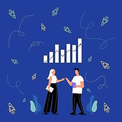 EPS 해외이미지 여자 남자 화살표 백그라운드 컨셉 일러스트 비즈니스 그래프 프레임 들기 성인 파란색 손들기 로켓 비즈니스맨 비즈니스우먼 카피스페이스 해외일러스트 컬러 모션 사람 공백 직장인 파일형식 벡터 이미지허브