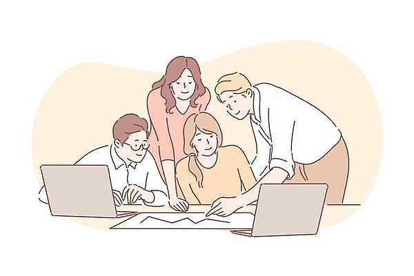 EPS 해외이미지 여자 남자 일러스트 회사 비즈니스 회의 그래프 협력 함께함 상반신 성인 노트북 노란색 가리킴 비즈니스맨 비즈니스우먼 문서 성인만 해외일러스트 컬러 컨셉 사람 손짓 전자제품 직장인 파일형식 벡터 이미지허브