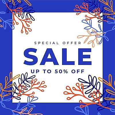 EPS 해외이미지 식물 잎 일러스트 사각프레임 이벤트 타이포그라피 사람없음 파란색 세일 시즌오프 해외일러스트 문자 컬러 프레임 사각형 파일형식 벡터 이미지허브