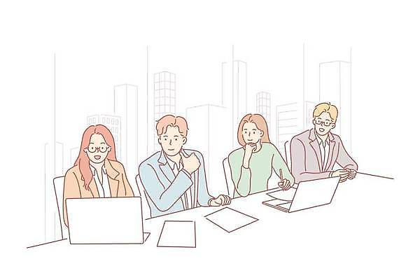 EPS 해외이미지 여자 남자 종이 일러스트 비즈니스 협력 함께함 여러명 상반신 성인 노트북 비즈니스맨 비즈니스우먼 문서 성인만 해외일러스트 다수 컨셉 사람 전자제품 직장인 파일형식 벡터 이미지허브