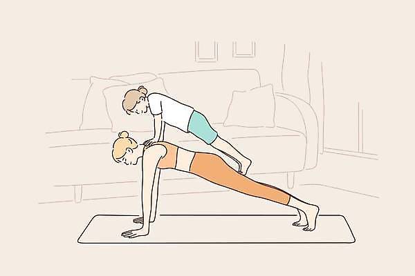 EPS 해외이미지 전신 여자 딸 어린이 쿠션 일러스트 가족 모녀 엄마 함께함 성인 두명 운동복 소파 운동 매트 팔굽혀펴기 베이지색 여자만 커플요가 해외일러스트 옷 컬러 컨셉 의자 요가 관계 건강 사람 파일형식 벡터 이미지허브