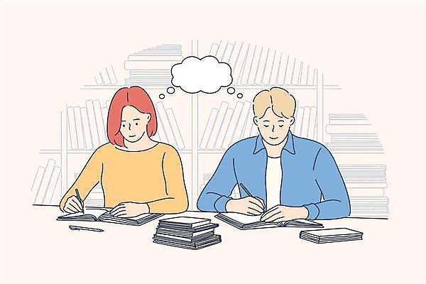 EPS 해외이미지 커플 여자 남자 분홍색 말풍선 생각 일러스트 책장 함께함 들기 상반신 성인 두명 책 필기구 펜 기록 성인만 해외일러스트 컬러 가구 컨셉 관계 모션 문구용품 사람 파일형식 벡터 이미지허브