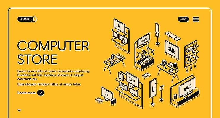 EPS 해외이미지 일러스트 타이포그라피 사람없음 노트북 컴퓨터 노란색 세일 상점 모니터 컴퓨터용품 컴퓨터부품 본체 아이소메트릭 해외일러스트 문자 컬러 전자제품 부속품 오브젝트 파일형식 벡터 이미지허브