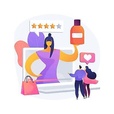 EPS 해외이미지 전신 라이프스타일 여자 남자 허리손 말풍선 일러스트 서기 들기 상반신 성인 세명 노트북 쇼핑백 화장품 하트 리뷰 별점 성인만 해외일러스트 모양 포즈 가방 모션 사람 생활 전자제품 뷰티 점수 평가 파일형식 벡터 이미지허브