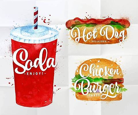 EPS 해외이미지 일러스트 수채화 패스트푸드 사람없음 햄버거 손그림 핫도그 소다 소다수 해외일러스트 음료 음식 인스턴트 파일형식 벡터 이미지허브