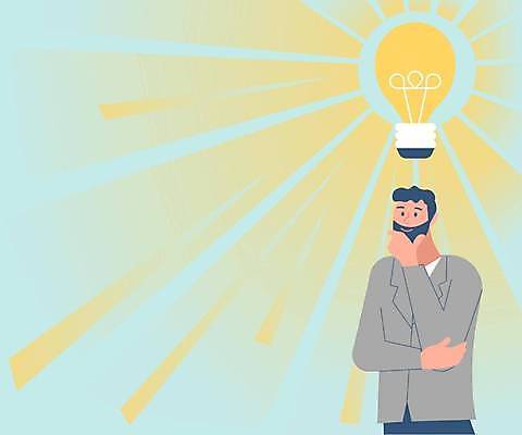 EPS 해외이미지 남자 하늘색 백그라운드 컨셉 일러스트 비즈니스 전구 아이디어 프레임 한명 성인 빛 노란색 팔짱 턱괴기 비즈니스맨 해결 성인남자한명만 카피스페이스 해외일러스트 1 컬러 모션 사람 파란색 공백 직장인 남자한명만 성인남자만 파일형식 벡터 이미지허브