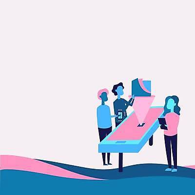 EPS 해외이미지 전신 디자인 여자 남자 분홍색 일러스트 비즈니스 탁자 들기 성인 세명 파란색 스마트폰 스크린 비즈니스맨 비즈니스우먼 플랫 간보기 얼굴없음 성인만 카피스페이스 해외일러스트 컬러 가구 모션 사람 핸드폰 스마트기기 공백 직장인 파일형식 벡터 이미지허브