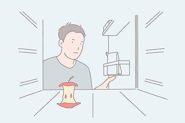 EPS 해외이미지 라이프스타일 응시 남자 일러스트 선반 상반신 성인 문 오픈 사과 냉장고 성인남자한명만 비어있는 해외일러스트 시선 가구 과일 사람 생활 가전제품 남자한명만 성인남자만 파일형식 벡터 이미지허브