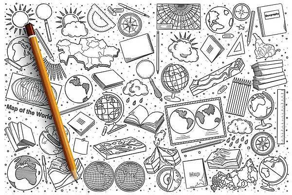 EPS 해외이미지 구름 지구 지도 일러스트 돋보기 날씨 자 사람없음 책 세트 세계 태양 연필 지구본 공책 칠판 나침반 스케치 손그림 지형 지구과학 지구모양 지리 지질학 해외일러스트 자연요소 모양 교육 과학 문구용품 학용품 미술 필기구 파일형식 벡터 이미지허브