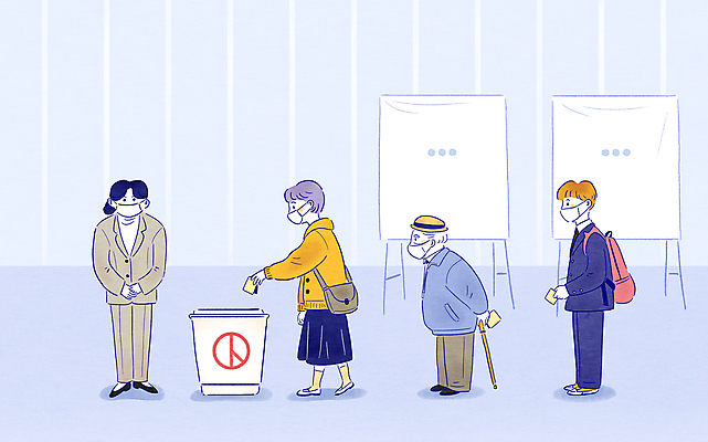 전신 PSD 여자 할아버지 노년 남자 남학생 일러스트 청소년 마스크 서기 들기 여러명 성인 투표 선거 사회이슈 뒷짐 투표용지 투표함 넣기 줄서기 투표소 기표문양 코로나바이러스 방역지침 델타변이바이러스 유권자 대통령선거 국내일러스트 학생 문양 다수 컨셉 모션 사람 바이러스 민주주의 방역 파일형식