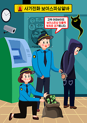 전신 PSD 여자 남자 시계 말풍선 지폐 일러스트 서기 성인 세명 잡기 속임수 범죄 돈자루 경찰 무릎꿇기 악마 범죄인 수갑 사회이슈 구속 은행 감시카메라 범죄예방 아르바이트 ATM 검거 보이스피싱 사이렌 성인만 국내일러스트 직업 컨셉 돈 모션 사람 금융 카메라 예방 피싱 파일형식