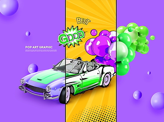 PSD 편집이미지 말풍선 한대 자동차 사람없음 그래픽 쇼핑 노란색 보라색 최고 원형 오픈카 복고 팝아트 GOOD 입체도형 이미지편집 도형 1 육상교통 컬러 승용차 입체 그림 파일형식