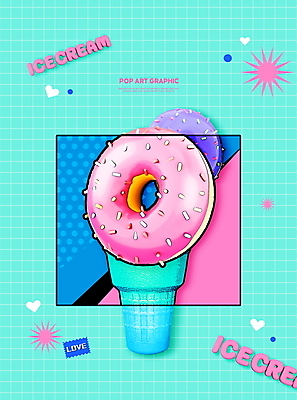 PSD 편집이미지 사람없음 그래픽 쇼핑 하트 도넛 달콤 복고 팝아트 정사각형 아이스크림콘 민트색 스프링클 이미지편집 모양 도형 컬러 디저트 장식 맛 그림 콘 파일형식
