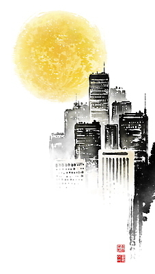 PSD 야경 일러스트 캘리그라피 밤하늘 붓터치 사람없음 도시풍경 고층빌딩 보름달 도시 동양화 번짐 정월대보름 낙관 국내일러스트 명절 하늘 미술 풍경 빌딩 달 야간 파일형식 효과 풍경_경치