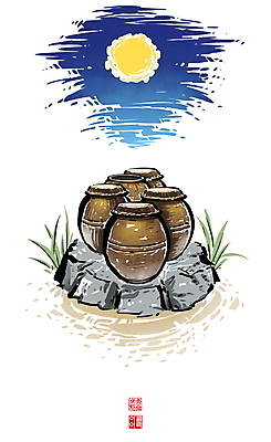 PSD 한국전통 일러스트 캘리그라피 밤하늘 붓터치 풍경 사람없음 보름달 바위 항아리 동양화 번짐 정월대보름 낙관 국내일러스트 전통 명절 하늘 한국 미술 달 돌_바위 도자기 야간 파일형식 효과