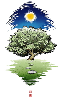 PSD 나무 일러스트 캘리그라피 밤하늘 붓터치 풍경 초원 사람없음 보름달 동양화 번짐 정월대보름 낙관 징검다리 국내일러스트 식물 명절 하늘 미술 달 다리_건축물 야간 파일형식 효과