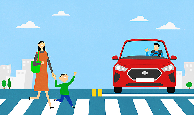 전신 구름 여자 남자 도로 어린이 일러스트 자동차 소년 상반신 성인 건물 세명 손들기 걷기 손잡기 보행자 운전사 횡단보도 손인사 양보 배려 양보운전 차선_도로 국내일러스트 AI파일 자연요소 직업 건축물 길 육상교통 교통시설 모션 사람 운전 인사 보행로 파일형식 벡터