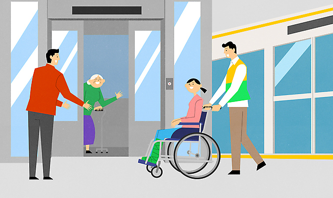 전신 여자 노년 남자 할머니 일러스트 지팡이 서기 앉기 여러명 성인 잡기 장애인 엘리베이터 휠체어 양보 전철역 노약자 배려 국내일러스트 AI파일 다수 모션 사람 역 장애 파일형식 벡터