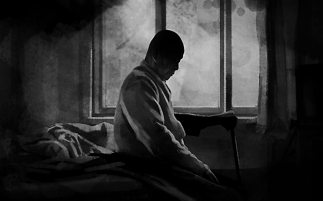 PSD 할아버지 노년 남자 일러스트 창문 지팡이 한명 앉기 상반신 검은색 침대 잡기 고독 고령화 독거노인 노인남자한명만 고독사 국내일러스트 1 감정 컬러 가구 모션 사람 성인 죽음 사회이슈 남자한명만 노인남자만 파일형식