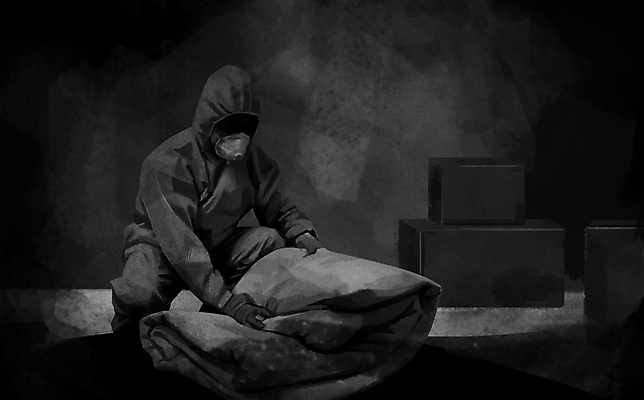 전신 PSD 남자 일러스트 마스크 한명 성인 검은색 이불 종이상자 정리 웅크림 고령화 독거노인 유품 성인남자한명만 고독사 방역복 유품정리사 국내일러스트 직업 1 옷 노년 컬러 침구 모션 사람 상자 죽음 사회이슈 장례 방역 남자한명만 성인남자만 파일형식