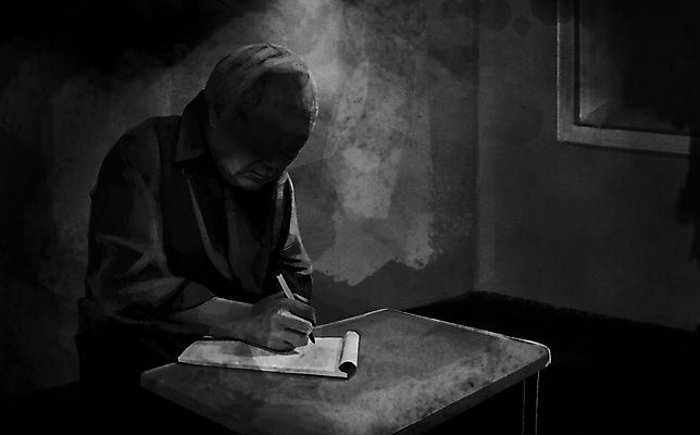 PSD 할아버지 노년 남자 종이 일러스트 탁자 한명 들기 상반신 펜 검은색 기록 고령화 독거노인 노인남자한명만 유언장 고독사 국내일러스트 1 컬러 가구 모션 사람 성인 필기구 죽음 사회이슈 남자한명만 노인남자만 파일형식