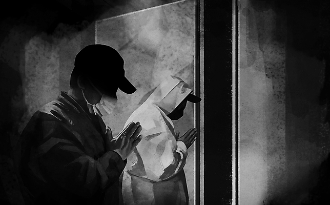 PSD 모자 남자 일러스트 마스크 상반신 성인 두명 검은색 정리 합장 장례 고령화 독거노인 조문 성인남자만 고독사 유품정리사 국내일러스트 직업 잡화 노년 컬러 사람 손짓 죽음 사회이슈 남자만 성인만 파일형식