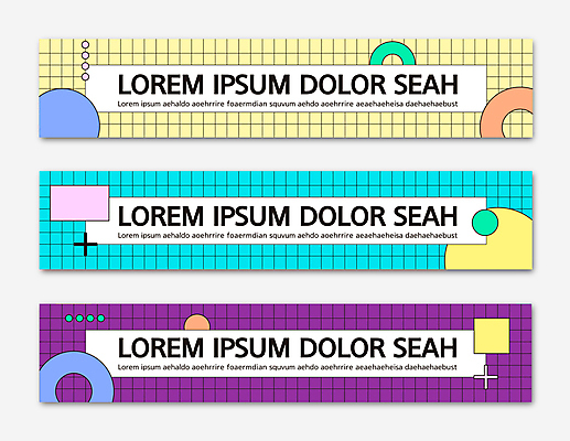 템플릿 배너템플릿 가로배너 하늘색 사각프레임 사람없음 노란색 사각형 보라색 현수막 원형 체크무늬 배너세트 멤피스디자인 AI파일 도형 디자인 배너 컬러 무늬 프레임 가로 파란색 세트 파일형식 벡터