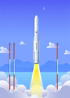 구름 별 일러스트 밤하늘 산 한국 사람없음 파란색 로켓 달 태극기 발사 우주선 우주산업 발사대 로켓발사 우주개발 국내일러스트 AI파일 자연요소 산업 아시아 컬러 하늘 우주 국기 야간 파일형식 벡터