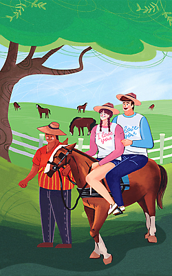 전신 PSD 나무 모자 여자 남자 일러스트 앉기 초원 여러명 성인 세명 초록색 제주도 목장 신혼여행 잡기 말_동물 승마 고삐 승마장 제주승마장 성인만 국내일러스트 식물 잡화 스포츠 컬러 다수 결혼 포유류 모션 한국 사람 파일형식