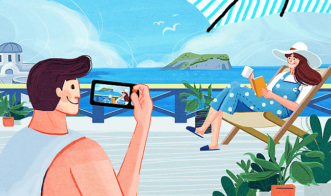 PSD 구름 여자 남자 화분 바다 섬 하늘색 일러스트 들기 앉기 상반신 성인 두명 책 컵 스마트폰 제주도 사진촬영 신혼여행 파라솔 펜션 야외의자 야외테라스 성인만 국내일러스트 자연요소 식기 결혼 의자 모션 숙소 한국 사람 파란색 핸드폰 스마트기기 촬영 발코니 파일형식