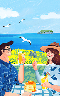 PSD 구름 모자 여자 남자 바다 섬 하늘색 일러스트 신혼부부 갈매기 잔 세마리 미소 들기 여러명 상반신 성인 두명 선글라스 제주도 신혼여행 유채 팬케이크 유채밭 성인만 국내일러스트 자연요소 식기 부부 잡화 꽃 안경 다수 결혼 밭 모션 조류 한국 표정 3 사람 파란색 케이크 신혼 파일형식