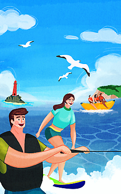 전신 PSD 구름 여자 남자 수영복 바다 여러마리 일러스트 신혼부부 갈매기 등대 서기 앉기 여러명 상반신 성인 파란색 제주도 신혼여행 수상스포츠 잡기 구명조끼 수상스키 바나나보트 성인만 국내일러스트 자연요소 부부 옷 스포츠 컬러 다수 결혼 모션 조류 한국 사람 보트 신혼 구조용품 파일형식