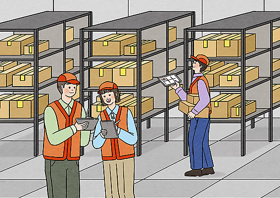 전신 PSD 모자 여자 남자 일러스트 선반 서기 들기 상반신 성인 세명 태블릿 쌓기 기록 택배기사 택배 택배상자 물류창고 체크리스트 성인만 태블릿펜 물류센터 국내일러스트 잡화 가구 모션 사람 전자제품 스마트기기 상자 펜 운송업 배달원 창고 파일형식