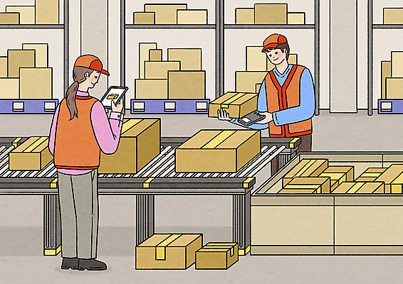 전신 PSD 여자 남자 일러스트 서기 들기 상반신 성인 두명 스마트폰 확인 택배 담기 정리 택배상자 검수 물류창고 컨베어밸트 성인만 물류센터 국내일러스트 모션 사람 핸드폰 스마트기기 상자 기계 운송업 창고 파일형식