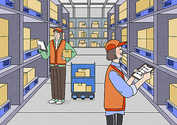 전신 PSD 여자 남자 일러스트 선반 관리 서기 들기 상반신 성인 두명 펜 수레 체크표시 확인 택배 택배상자 검수 물류창고 서류판 체크리스트 성인만 물류센터 국내일러스트 가구 모션 사람 상자 필기구 사무용품 카트 운송업 창고 파일형식