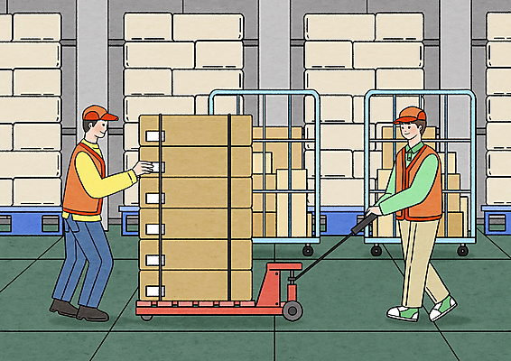 전신 PSD 남자 일러스트 협력 관리 성인 두명 쌓기 카트 수레 잡기 운반 당기기 택배 물류창고 성인남자만 물류센터 국내일러스트 모션 사람 운송업 창고 남자만 성인만 파일형식