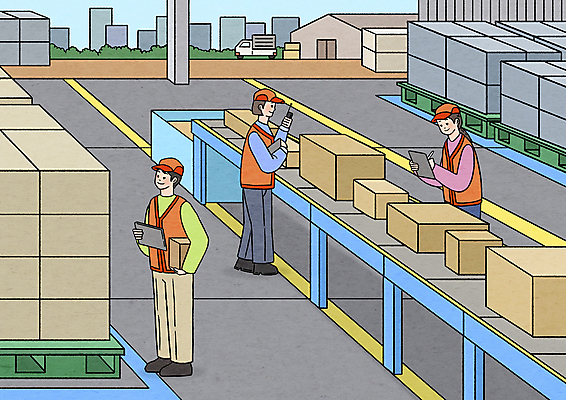 전신 PSD 여자 남자 일러스트 관리 서기 들기 상반신 성인 세명 태블릿 쌓기 기록 운반 택배 무전기 택배상자 검수 물류창고 서류판 컨베어밸트 성인만 태블릿펜 물류센터 국내일러스트 모션 무선통신 사람 전자제품 스마트기기 상자 펜 사무용품 기계 운송업 창고 파일형식