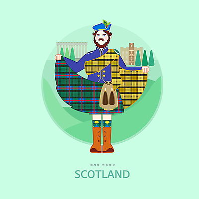 전신 PSD 남자 일러스트 한명 서기 들기 성인 초록색 치마 잡기 전통의상 체크무늬 성인남자한명만 스코틀랜드 국내일러스트 1 전통 컬러 무늬 모션 하의 영국 사람 남자한명만 성인남자만 파일형식