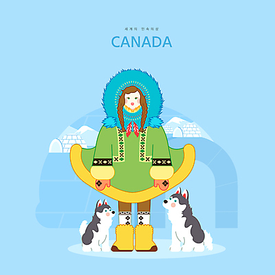 전신 PSD 여자 하늘색 두마리 캐나다 일러스트 한명 서기 들기 성인 전통의상 시베리안허스키 이글루 에스키모 털옷 성인여자한명만 국내일러스트 1 전통 옷 2 북아메리카 모션 사람 파란색 개 여자한명만 성인여자만 파일형식