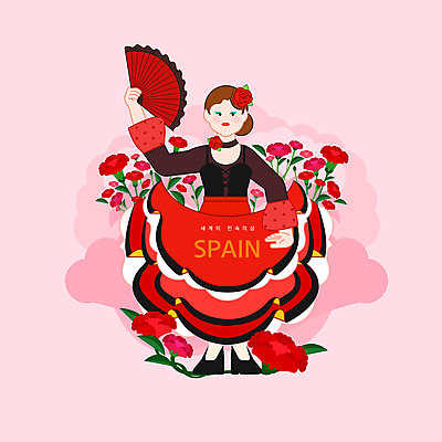 전신 PSD 여자 분홍색 일러스트 한명 서기 들기 성인 치마 장미 부채 스페인 카네이션 스페인전통의상 플라멩코 성인여자한명만 국내일러스트 1 꽃 유럽 예술 컬러 모션 하의 사람 세계문화유산 전통의상 여자한명만 성인여자만 파일형식