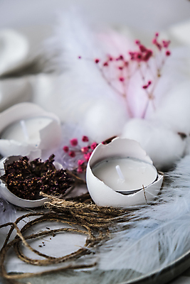 포토 JPG 해외이미지 실내 근접촬영 사람없음 아웃포커스 계란껍데기 깃털 오브젝트 향초 노끈 드라이플라워 해외포토 꽃 줄 뷰포인트 초 촬영기법 내부 계란 파일형식 이미지허브