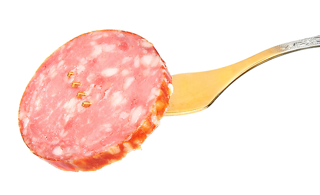 포토 JPG 해외이미지 음식 조각 포크 부분 육류 돼지고기 사람없음 소시지 자르기 훈제 고립 살라미 해외포토 식기 식재료 모션 가공식품 파일형식 이미지허브