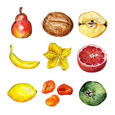 포토 JPG 해외이미지 과일 일러스트 디저트 바나나 사람없음 세트 레몬 자몽 코코넛 엘리먼트 스타후르츠 해외일러스트 음식 파일형식 이미지허브