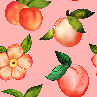 JPG 해외이미지 디자인 분홍색 백그라운드 잎 패턴 일러스트 사람없음 패턴백그라운드 복숭아 복사꽃 해외일러스트 식물 꽃 컬러 무늬 과일 파일형식 이미지허브
