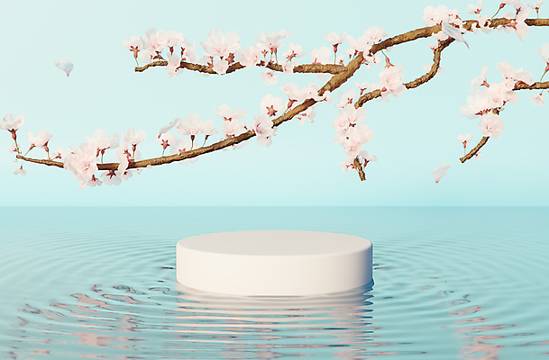 포토 JPG 해외이미지 디자인 물결 하늘색 백그라운드 사람없음 3D 봄 무대 벚꽃 수면 단상 꽃가지 포디움 목업 해외포토 계절 꽃 물 파란색 나뭇가지 디지털합성 파일형식 이미지허브