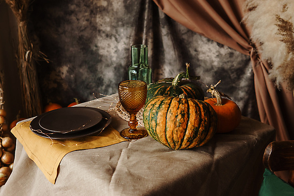 포토 JPG 해외이미지 접시 디자인 호박 잔 실내 사람없음 복고 테이블롤 해외포토 식기 빵 채소 내부 파일형식 이미지허브