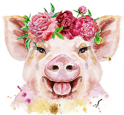 JPG 해외이미지 백그라운드 일러스트 미술 웃음 사람없음 화관 돼지 해외일러스트 꽃 포유류 문화예술 표정 파일형식 이미지허브