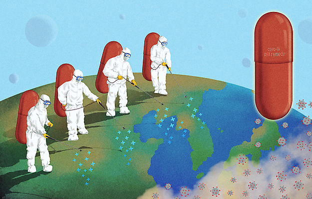 전신 PSD 지구 일러스트 의학 들기 여러명 성인 알약 의료진 바이러스 연기 사회이슈 방역 백신 소독 소독제 인플루엔자 치료제 성인만 코로나바이러스 방역복 방역사 방역기 델타변이바이러스 위드코로나 국내일러스트 직업 옷 다수 컨셉 모션 사람 약 파일형식