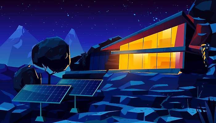 EPS 해외이미지 나무 별 야경 일러스트 산 사람없음 건물 파란색 바위 집열판 해외일러스트 자연요소 식물 건축물 컬러 돌_바위 야간 태양에너지 파일형식 벡터 풍경_경치 이미지허브